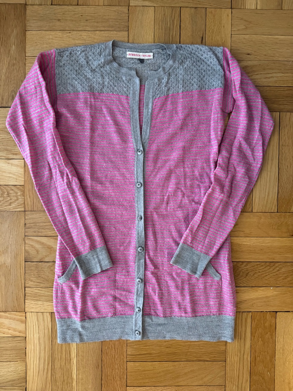 Rebecca Taylor Pink and Gray Striped Lightweight Pointelle Cardigan